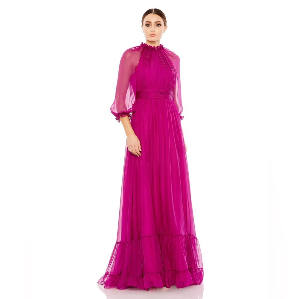 Mac Duggal 68225 CHIFFON RUCHED ILLUSION RAGLAN SLEEVE RUFFLED GOWN